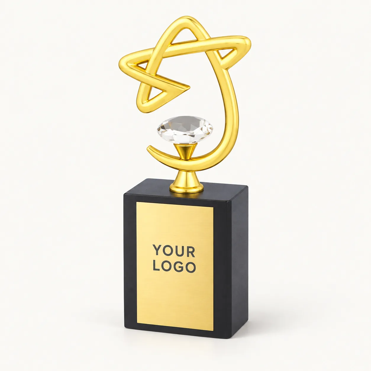 Sculpted gold star metal trophy on piano-black wooden pedestal