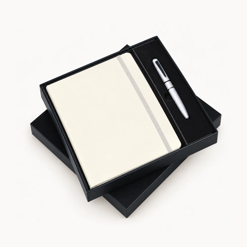 Ivory notebook, pen and black presentation box