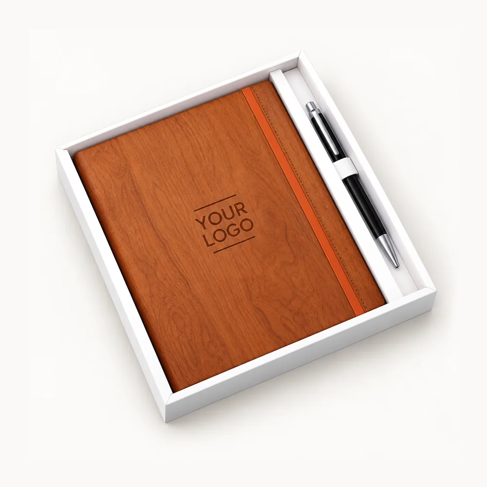 Wood-grain-look diary-and-pen gift set