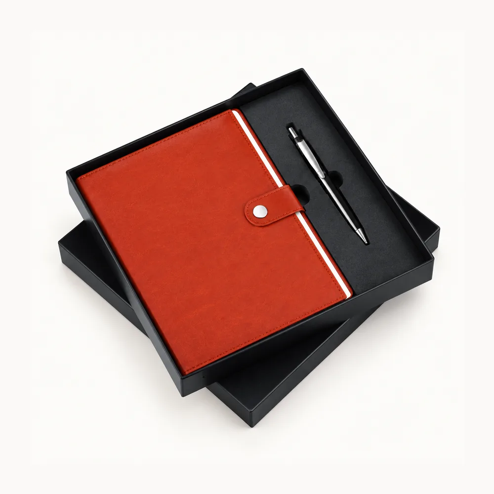 Rust-red notebook, pen and black presentation box