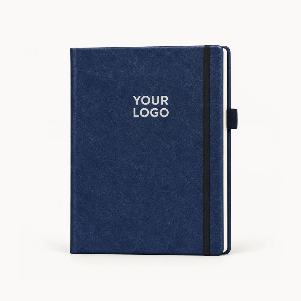 Navy diary with a textured cover and pen loop