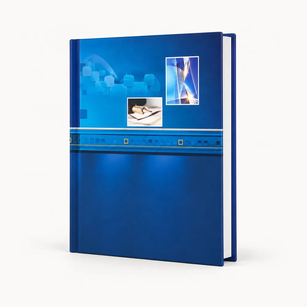 Blue notebook with a technical cover illustration