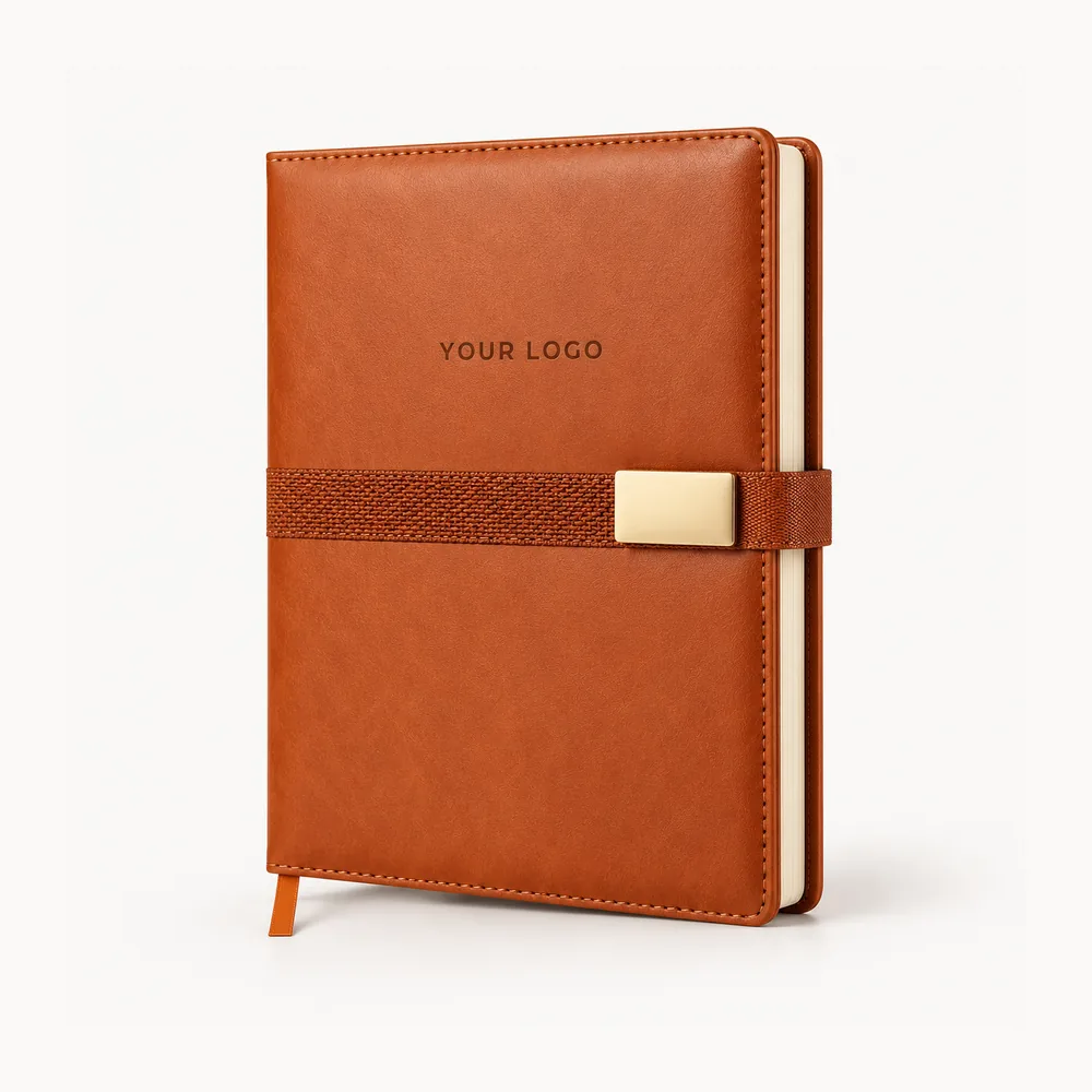 Bound diary with a wide metallic closure strap