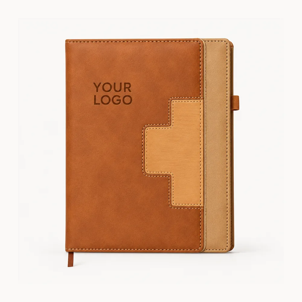 Tan diary with a layered geometric cover panel