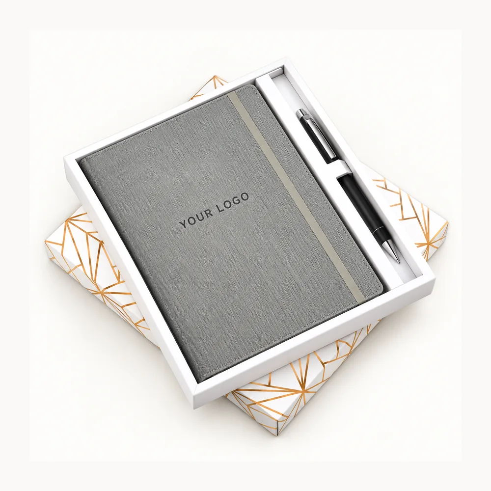 Grey striped diary-and-pen gift set