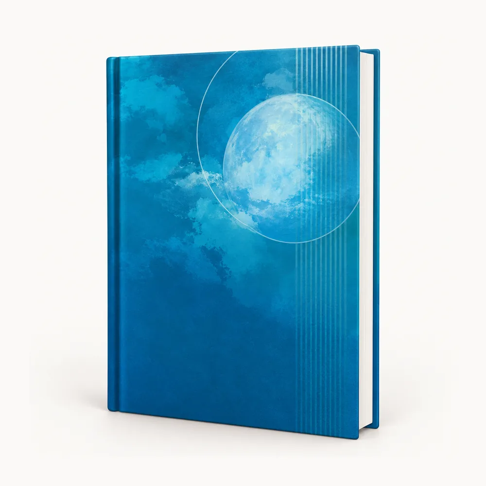Turquoise notebook with a landscape cover illustration