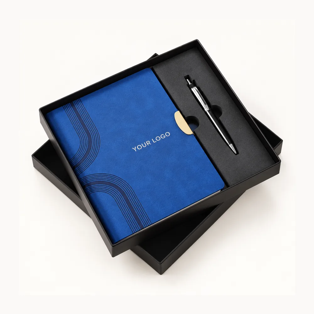 Blue notebook with curved cover lines and pen set