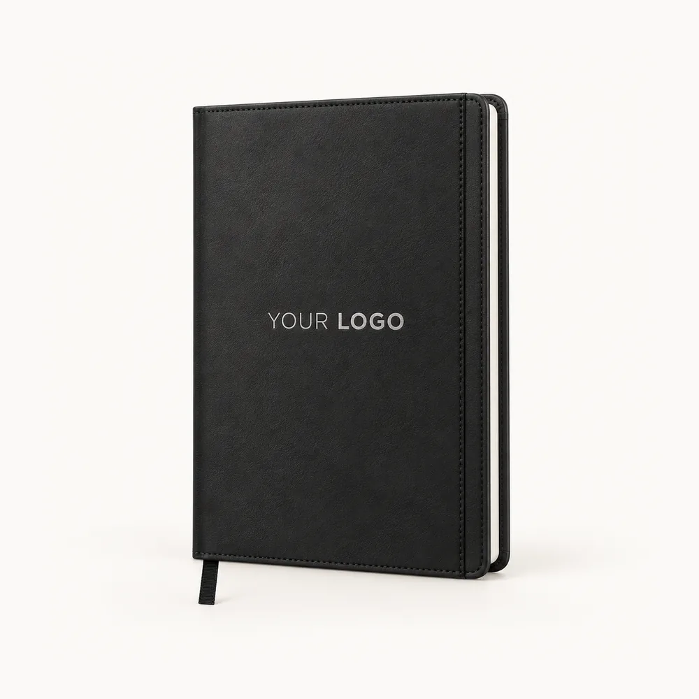 Black diary with a textured cover and side loop