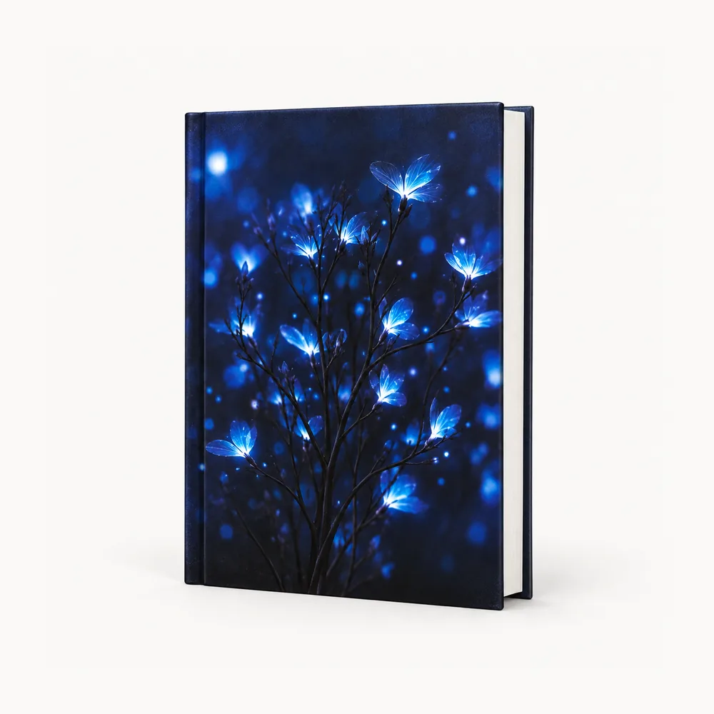 Navy notebook with a starry-sky cover illustration