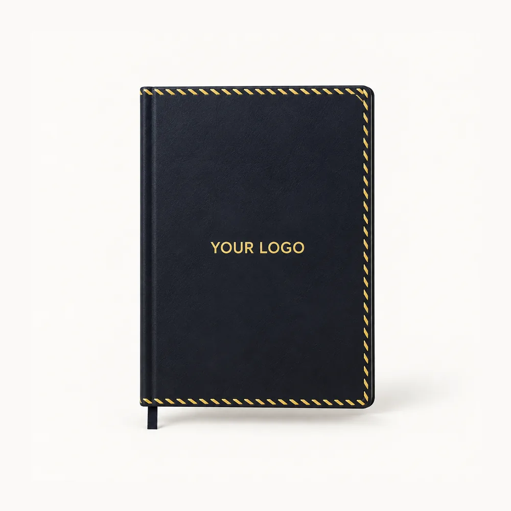 Dark diary with contrasting diagonal stitched edge