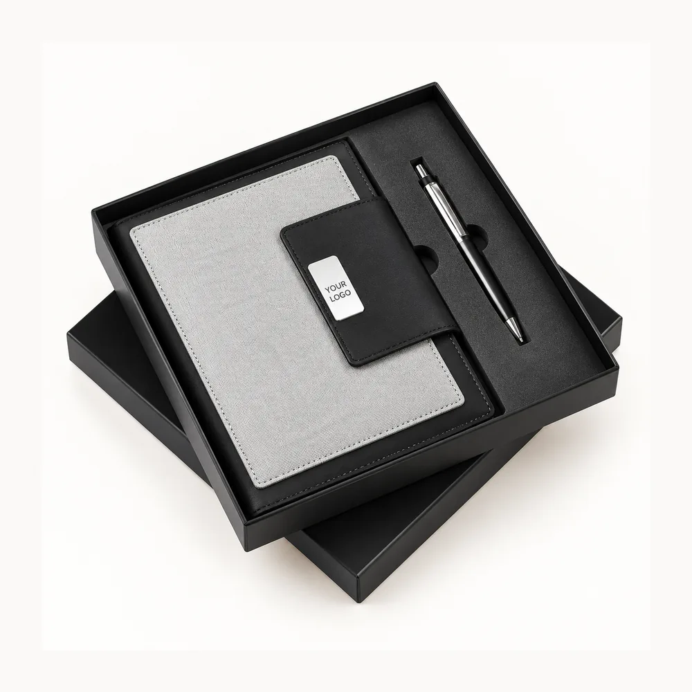 Grey organizer notebook, pen and black presentation box