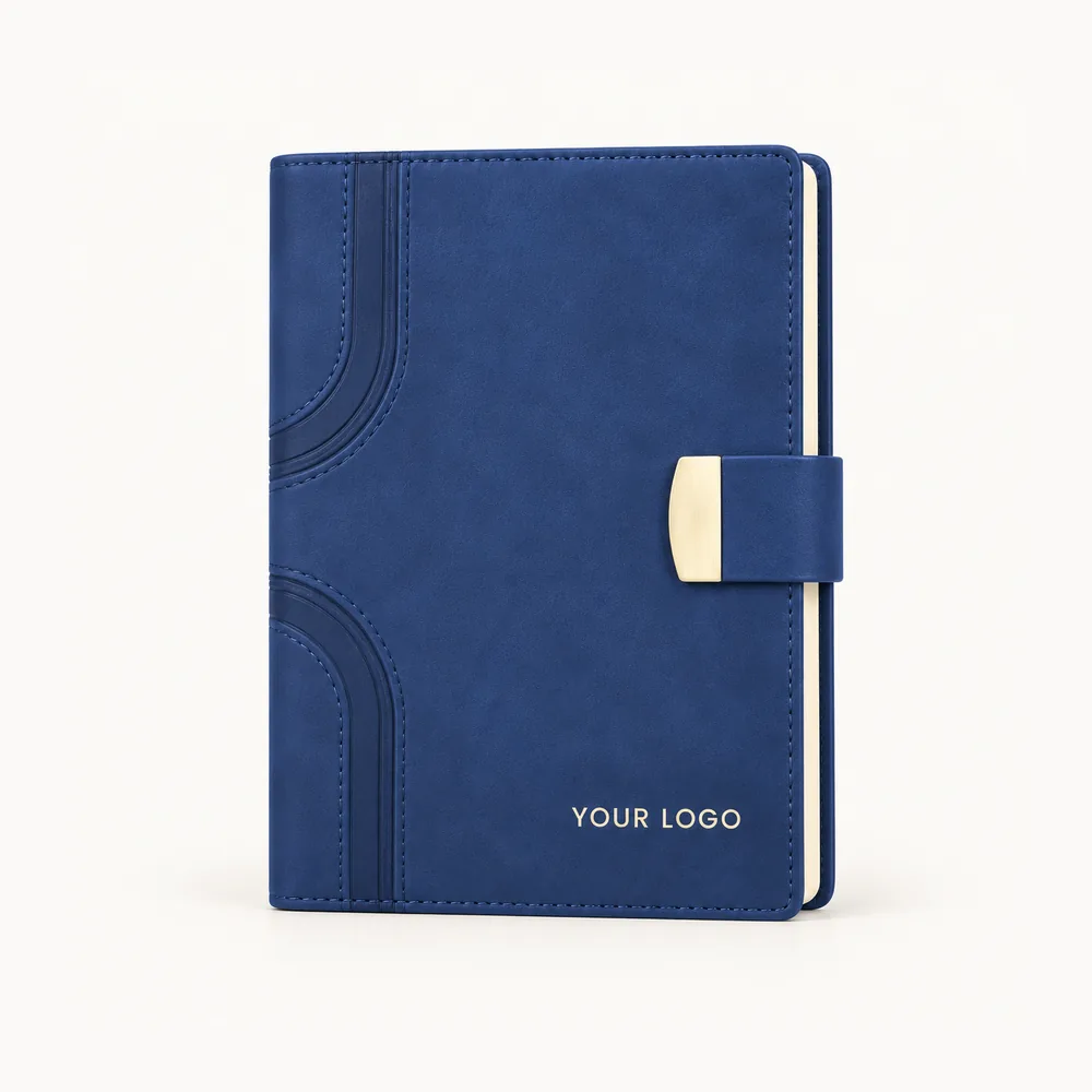 Blue diary with curved stitching and a clasp strap