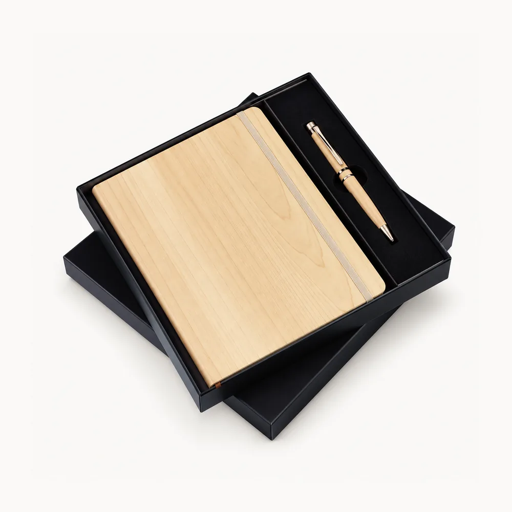 Light wood-grain notebook and pen presentation set
