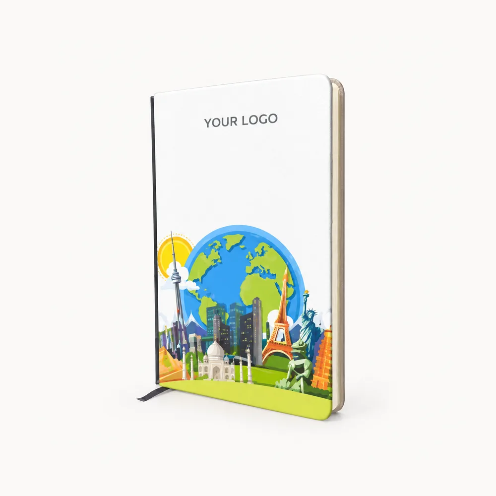 Diary with a globe and landscape illustration
