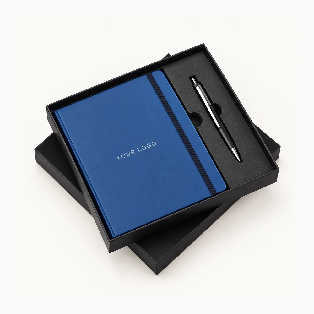Blue notebook with a contrast spine band and pen set