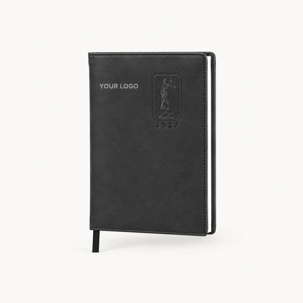 Black diary with a legal emblem