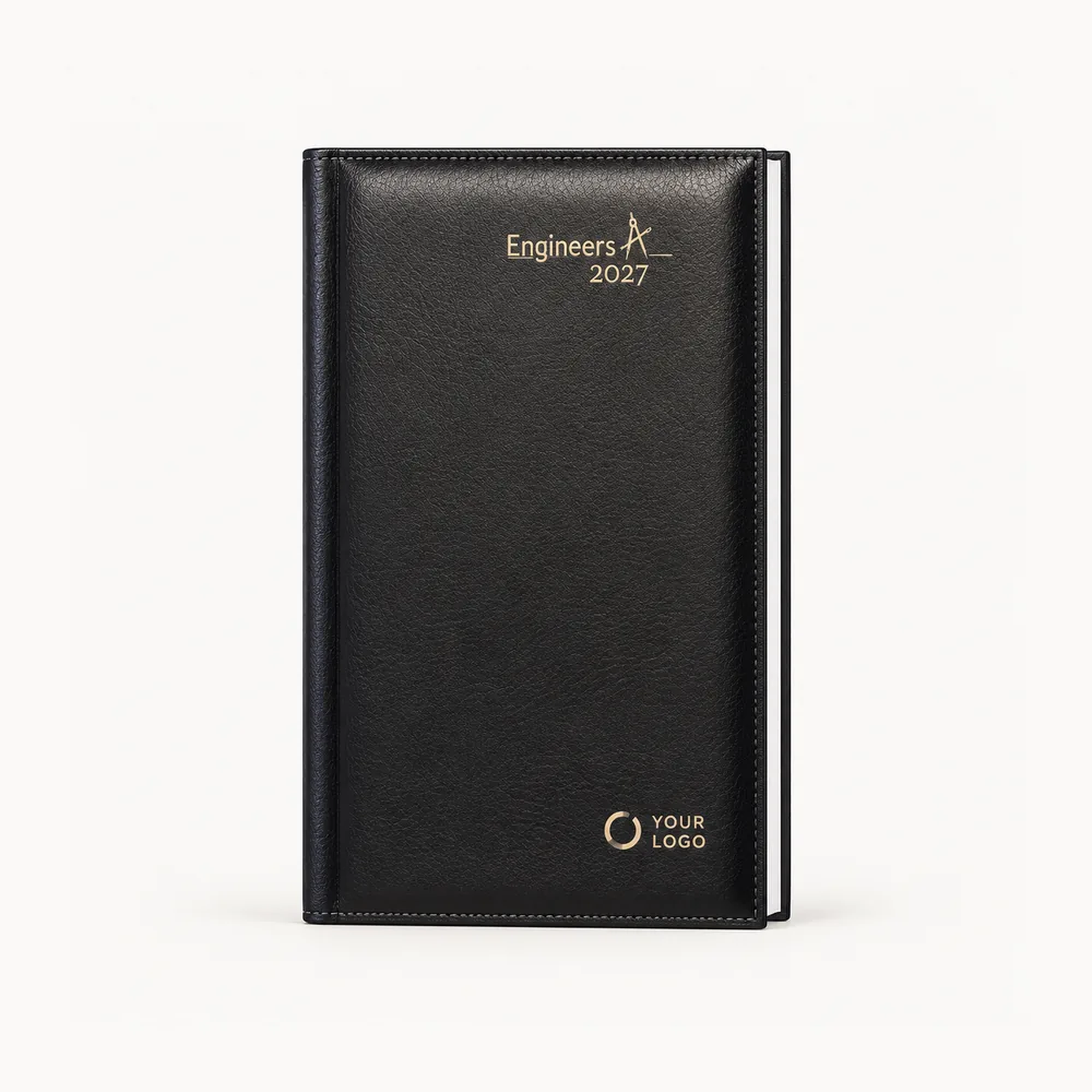 Black diary with an engineering motif