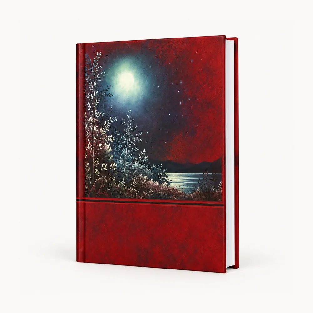 Red notebook with an abstract cover illustration
