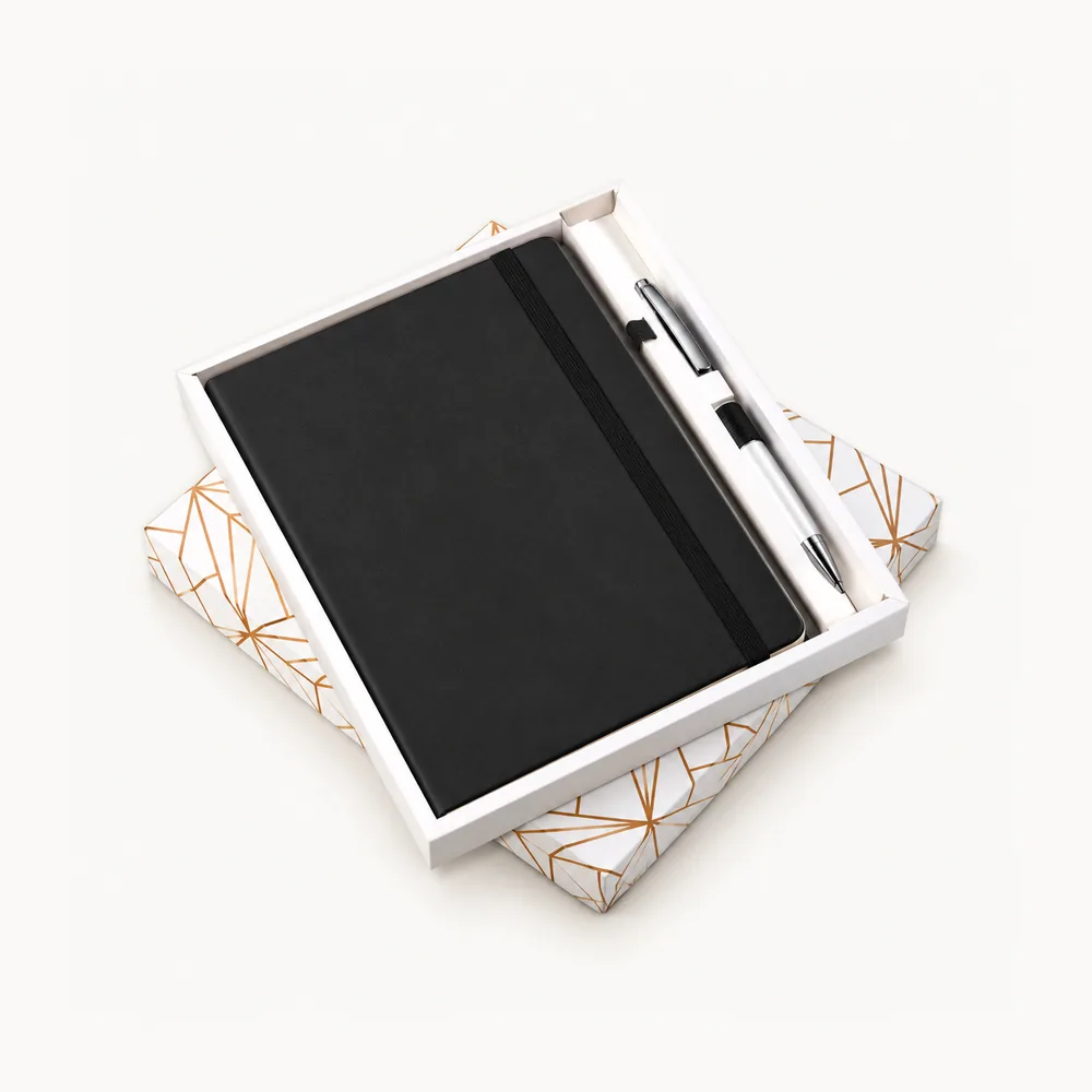Black notebook, pen and white patterned presentation tray