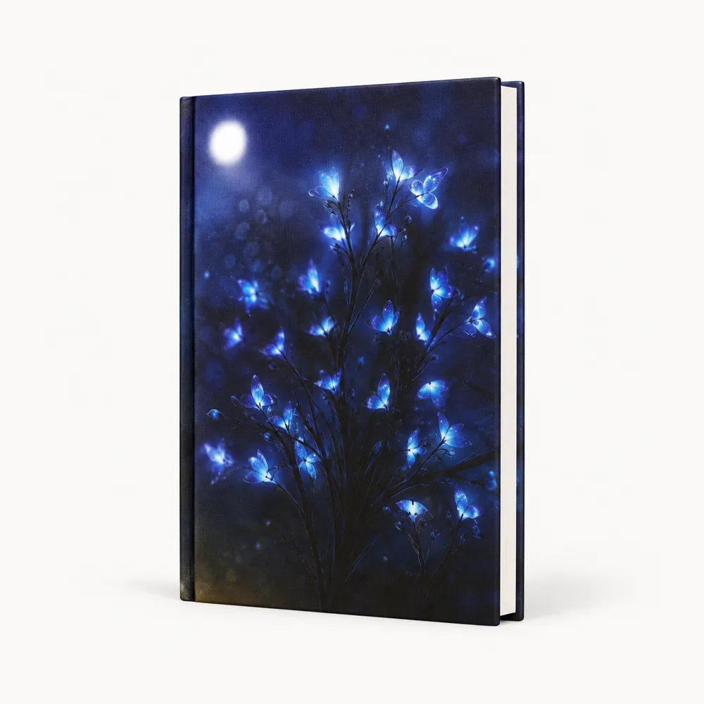 Navy notebook with a night-sky cover illustration